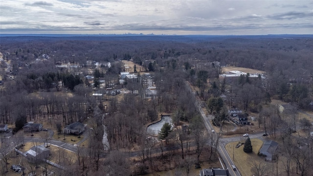 drone / aerial view with a wooded view