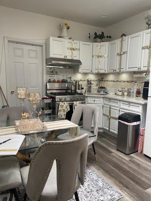 kitchen with tasteful backsplash, under cabinet range hood, double oven range, white cabinetry, and a sink