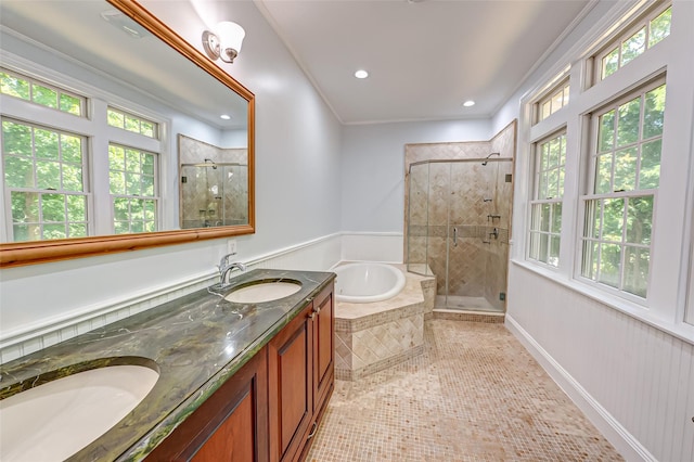 bathroom featuring plenty of natural light, a sink, and a shower stall