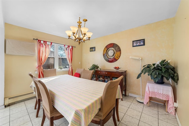 dining area featuring an inviting chandelier, a baseboard radiator, baseboards, and light tile patterned flooring