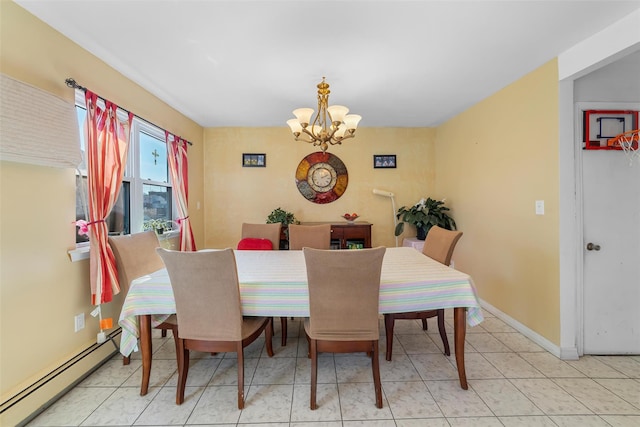 dining space featuring a chandelier, light tile patterned floors, a baseboard radiator, and baseboards