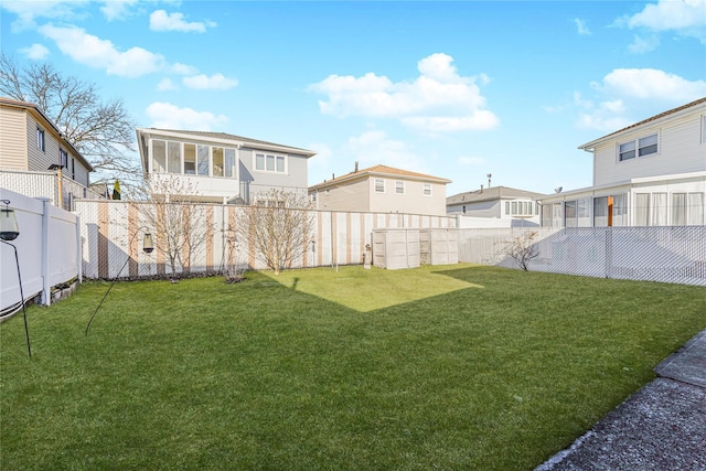 view of yard featuring a fenced backyard and a residential view