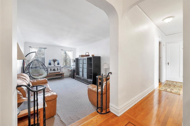 carpeted living room featuring baseboards and wood-type flooring