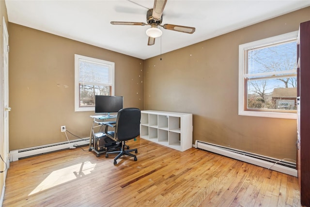 office area featuring a baseboard heating unit, wood-type flooring, and a ceiling fan