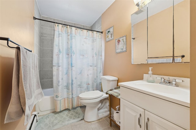 full bathroom with visible vents, toilet, tile patterned floors, shower / bath combination with curtain, and vanity