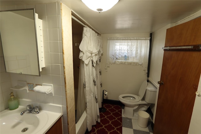 full bath with tile walls, decorative backsplash, toilet, vanity, and tile patterned floors