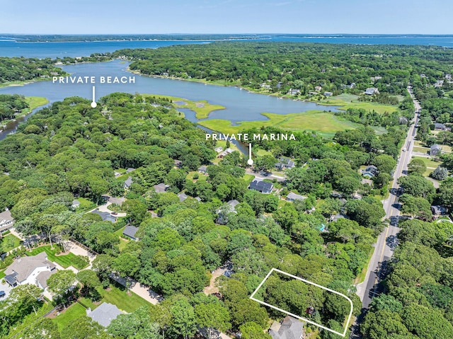 bird's eye view with a view of trees and a water view