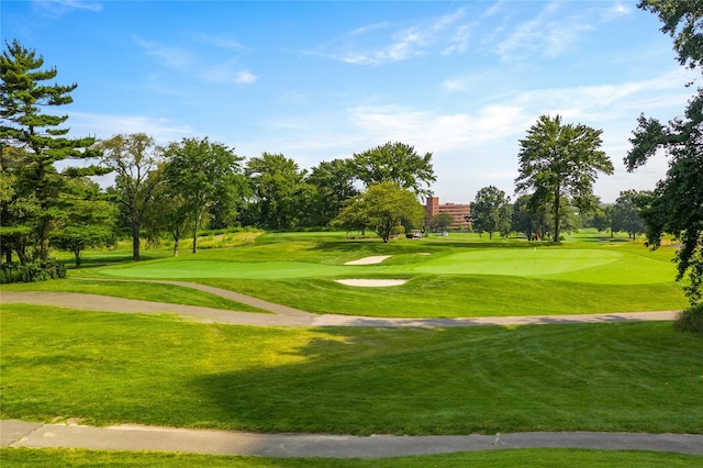 view of community featuring a lawn and golf course view