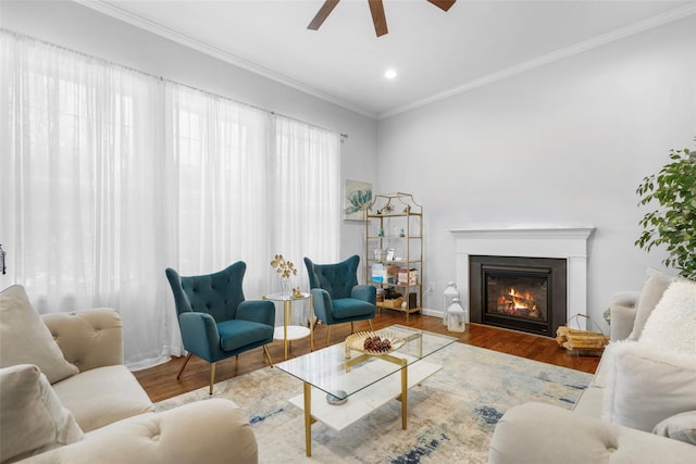 13 Hopkins Ct, Washingtonville, NY 10992 - living area featuring ceiling fan, ornamental molding, recessed lighting, wood finished floors, and a glass covered fireplace
