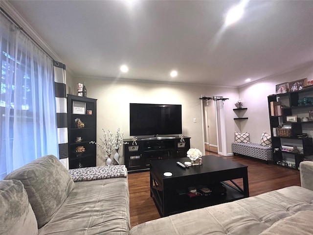 living room featuring crown molding, wood finished floors, and recessed lighting