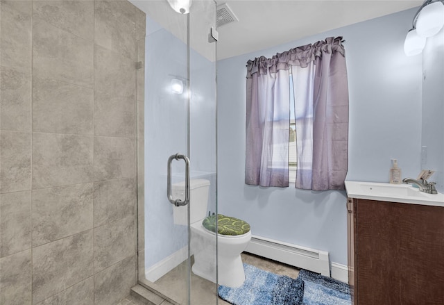 full bathroom featuring tile patterned flooring, toilet, a baseboard heating unit, visible vents, and a shower with door