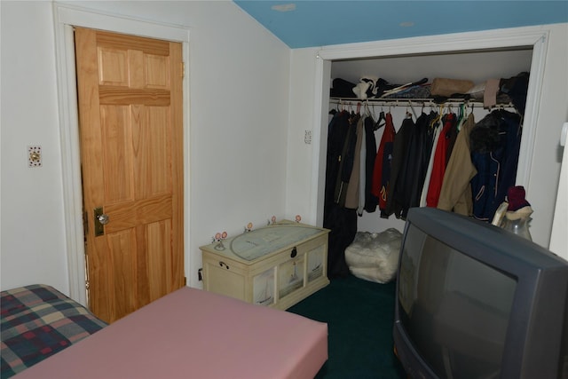 bedroom with vaulted ceiling and a closet