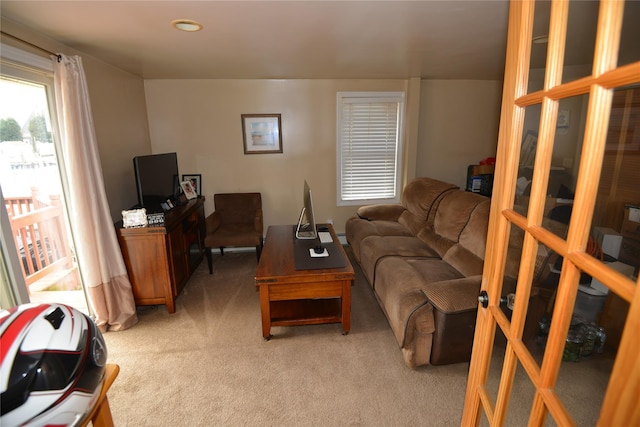 living area with light colored carpet