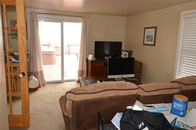 bedroom featuring carpet floors and access to exterior