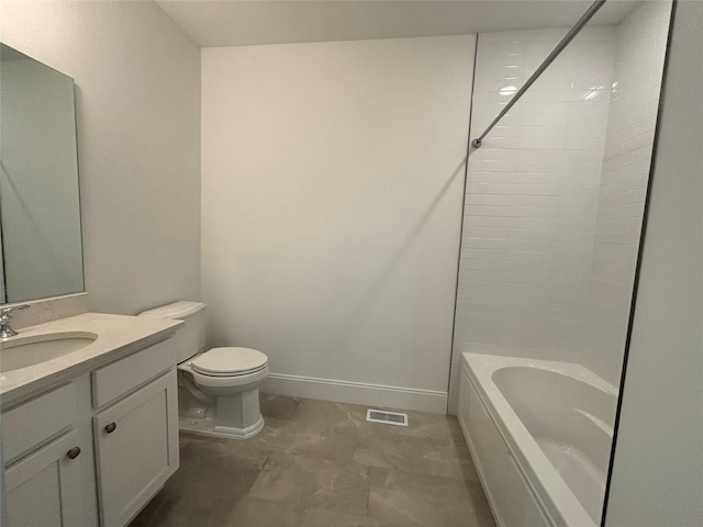 bathroom with baseboards, toilet, shower / bath combination, marble finish floor, and vanity