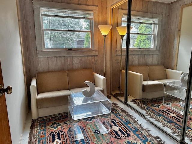 sitting room with wooden walls