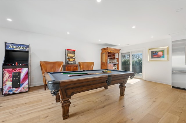 game room with recessed lighting, pool table, and light wood-type flooring