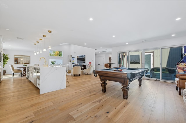 game room with visible vents, recessed lighting, pool table, and light wood-type flooring