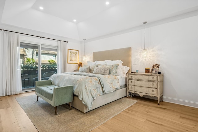 bedroom with access to outside, recessed lighting, light wood-style flooring, and baseboards