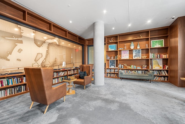 living area featuring carpet floors and built in features