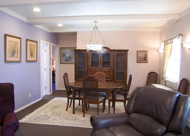 dining space featuring recessed lighting, carpet flooring, beam ceiling, and baseboards