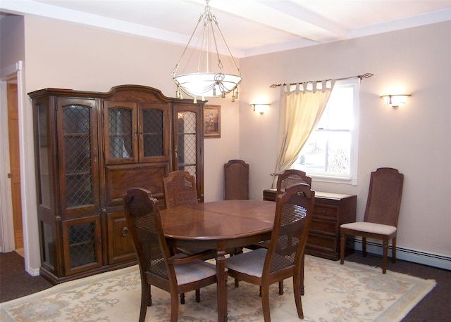 dining area with baseboard heating and beam ceiling