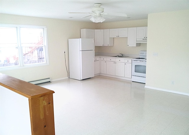 kitchen featuring baseboard heating, white cabinets, a sink, white appliances, and under cabinet range hood