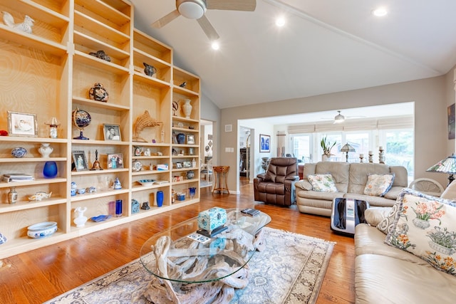 living room featuring a ceiling fan, lofted ceiling, recessed lighting, and wood finished floors