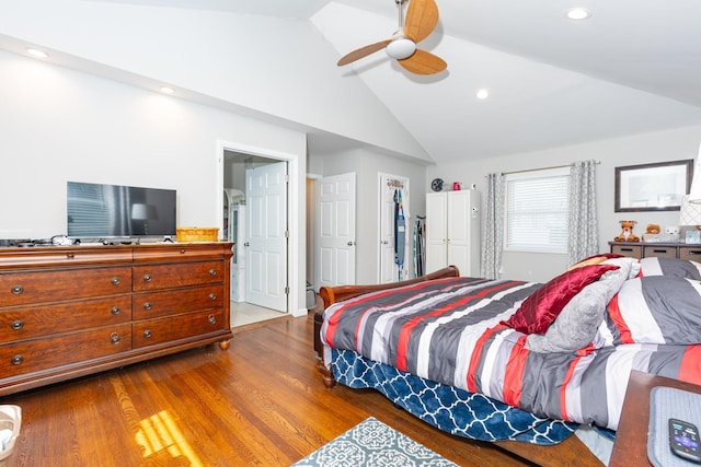 bedroom with ceiling fan, high vaulted ceiling, wood finished floors, and recessed lighting