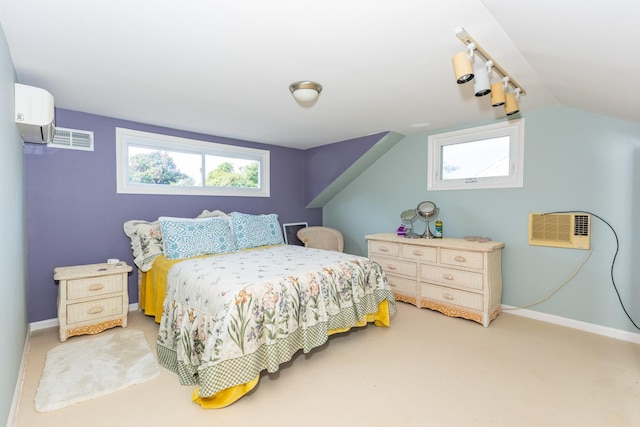 bedroom with baseboards, visible vents, carpet flooring, and an AC wall unit