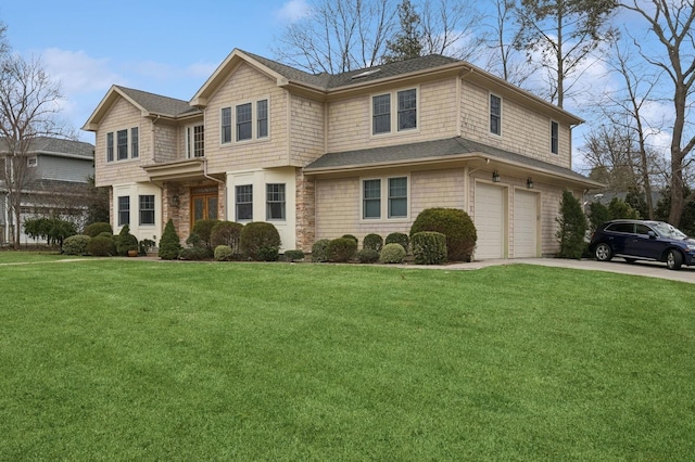 view of front of property with a garage, driveway, a shingled roof, and a front yard