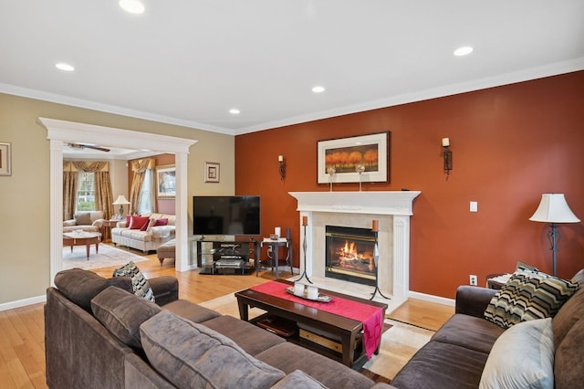 living area featuring ornamental molding, light wood-type flooring, and a fireplace