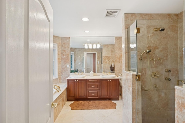 bathroom featuring visible vents, tile walls, a garden tub, a shower stall, and a sink