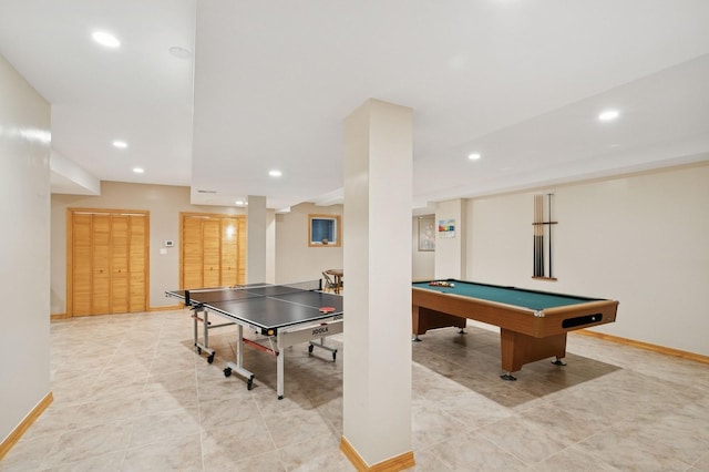 rec room featuring recessed lighting, pool table, and baseboards