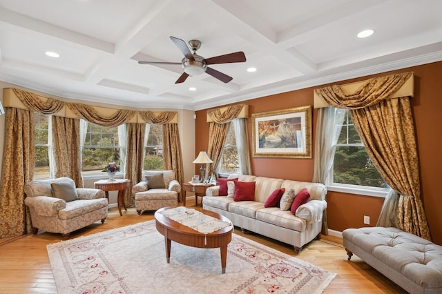 sitting room with light wood finished floors, baseboards, coffered ceiling, and beamed ceiling