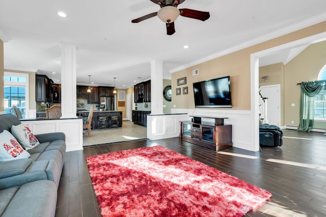 living area with a healthy amount of sunlight, crown molding, and ornate columns