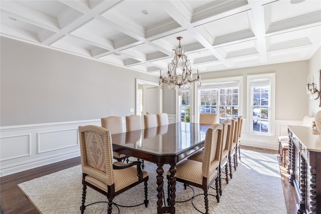 dining room with coffered ceiling, a wainscoted wall, light wood-style flooring, an inviting chandelier, and beam ceiling