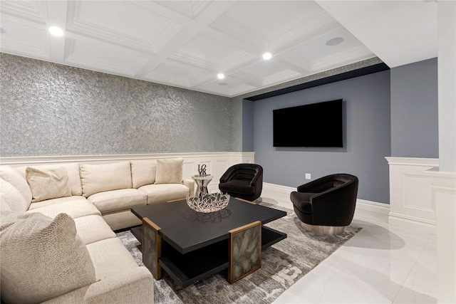 living area featuring baseboards, coffered ceiling, beamed ceiling, marble finish floor, and recessed lighting