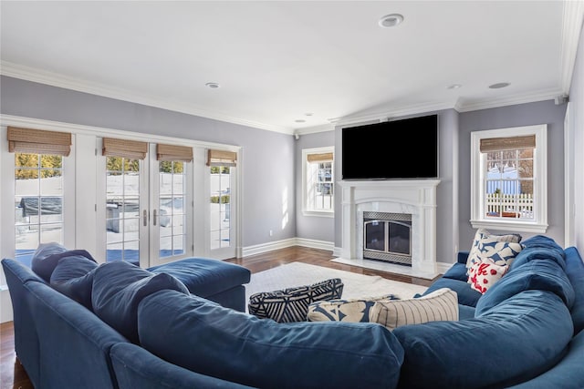 living area featuring ornamental molding, a fireplace, and dark wood finished floors