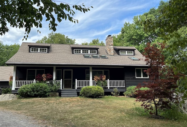 view of front of property featuring a front lawn, a porch, a chimney, and roof with shingles