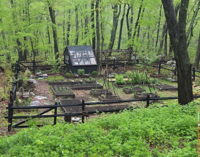 view of yard with an outbuilding, a shed, a wooded view, and a garden