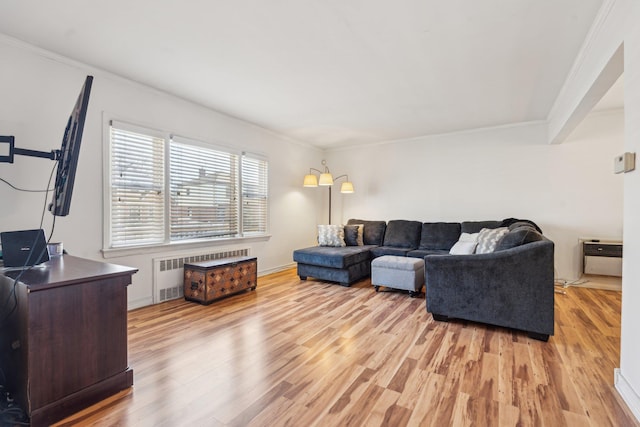 living room with crown molding, radiator heating unit, and light wood finished floors