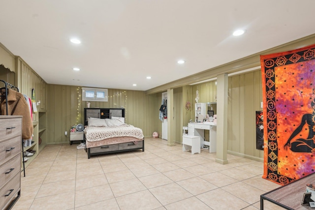 bedroom featuring recessed lighting, baseboards, and light tile patterned floors