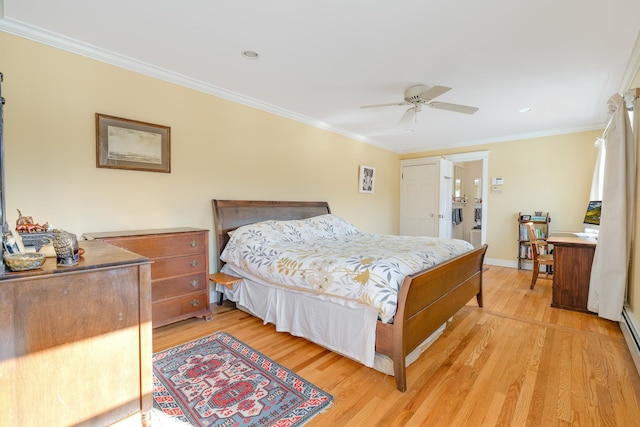 bedroom with ceiling fan, baseboards, light wood finished floors, and ornamental molding