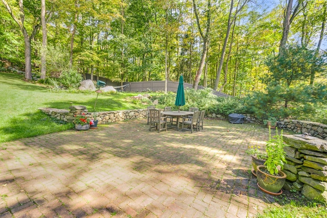 view of yard with outdoor dining area, a patio, and fence