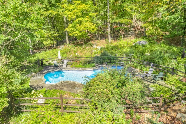 view of swimming pool with a fenced in pool, a patio area, and fence