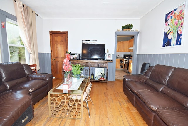 living room with light wood-type flooring, a wainscoted wall, and ornamental molding