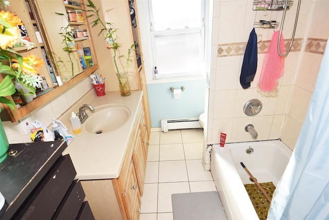 bathroom with shower / tub combo with curtain, a baseboard radiator, toilet, vanity, and tile patterned floors