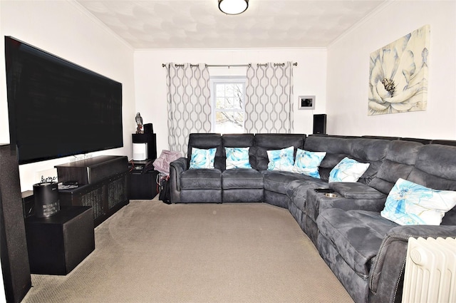 carpeted living room featuring crown molding