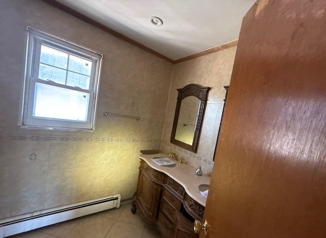 bathroom featuring ornamental molding, baseboard heating, tile patterned flooring, and tile walls